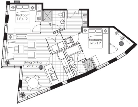 Floor plan for 2 beds, 2 baths, 1145 sqft